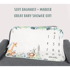 Popfavors, Yuzioey Safari Baby Monthly Milestone Blanket - Jungle Animals Growth Chart for Nursery Decor - White, 50Inx40In - Includes Marker Popfavors, Yuzioey Safari Baby Monthly Milestone Blanket - Jungle Animals Growth Chart for Nursery Decor - White, 50Inx40In - Includes Marker