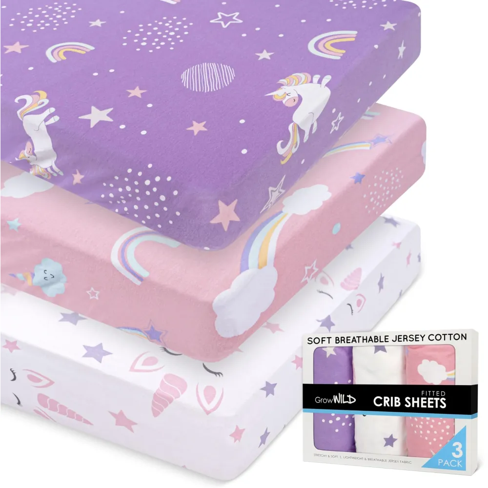 GROW WILD Unicorns & Rainbows Fitted Crib Sheets Girl (3 Pack) - Soft Jersey Cotton Fitted Sheet, Toddler Bed Mattress & Baby Crib Bedding Set for Girls, Baby Girl Nursery Crib - Pink, Purple & White