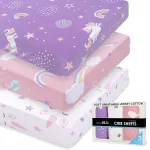 GROW WILD Unicorns & Rainbows Fitted Crib Sheets Girl (3 Pack) - Soft Jersey Cotton Fitted Sheet, Toddler Bed Mattress & Baby Crib Bedding Set for Girls, Baby Girl Nursery Crib - Pink, Purple & White