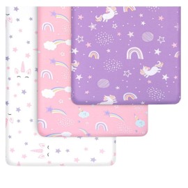 GROW WILD Unicorns & Rainbows Fitted Crib Sheets Girl (3 Pack) - Soft Jersey Cotton Fitted Sheet, Toddler Bed Mattress & Baby Crib Bedding Set for Girls, Baby Girl Nursery Crib - Pink, Purple & White