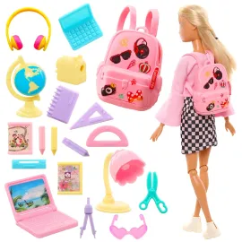 ENOCHT 19 Pcs Girl Doll School Accessories Backpack Mini Desk Lamp Laptop Mini Globe Glasses and Headset for 11.5 Inch Doll School Playset