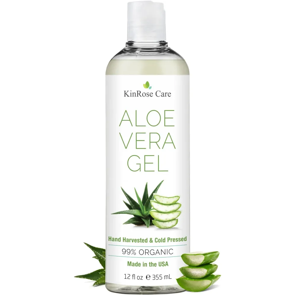 KinRose Care, 12oz Organic Aloe Vera Gel for Face, Skin, Hair & Sunburn Relief - From 100 Percent Pure Aloe Vera - Cold Pressed, Vegan, Unscented - Made in USA. KinRose Care, 12oz Organic Aloe Vera Gel for Face, Skin, Hair & Sunburn Relief - From 100 Percent Pure Aloe Vera - Cold Pressed, Vegan, Unscented - Made in USA.