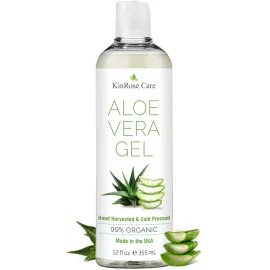 KinRose Care, 12oz Organic Aloe Vera Gel for Face, Skin, Hair & Sunburn Relief - From 100 Percent Pure Aloe Vera - Cold Pressed, Vegan, Unscented - Made in USA.