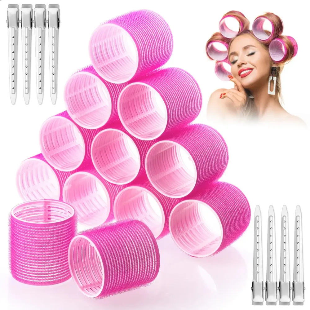 Jumbo Hair Curlers Rollers, 12Pcs 60mm Jumbo Hair Roller Curlers Self Grip Holding Rollers with 12Pcs Hair Clips for Long Straight Thick Hair (Rose Red) Jumbo Hair Curlers Rollers, 12Pcs 60mm Jumbo Hair Roller Curlers Self Grip Holding Rollers with 12Pcs Hair Clips for Long Straight Thick Hair (Rose Red)