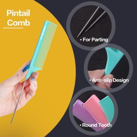 Goodofferplace 3-in-1 Rat Tail Combs - Parting & Detangling Combs for Curly Hair, Women\'s Braiding & Styling (Pink, Purple, Green)