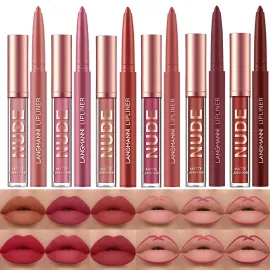 LANGMANNI 6 Matte Lipstick with 6 Lipliners Durable Makeup Set,Long-Lasting Non-Stick Cup Not Fade Waterproof Pigmented Velvet Lipgloss Kit Beauty Cosmetics Makeup Gift for Girls (A)