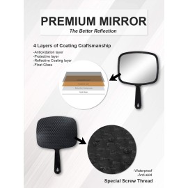 MIRRORNOVA Hand Mirror, Barber Hairdressing Handheld Mirror with Handle for Salon, Square, Black, Medium