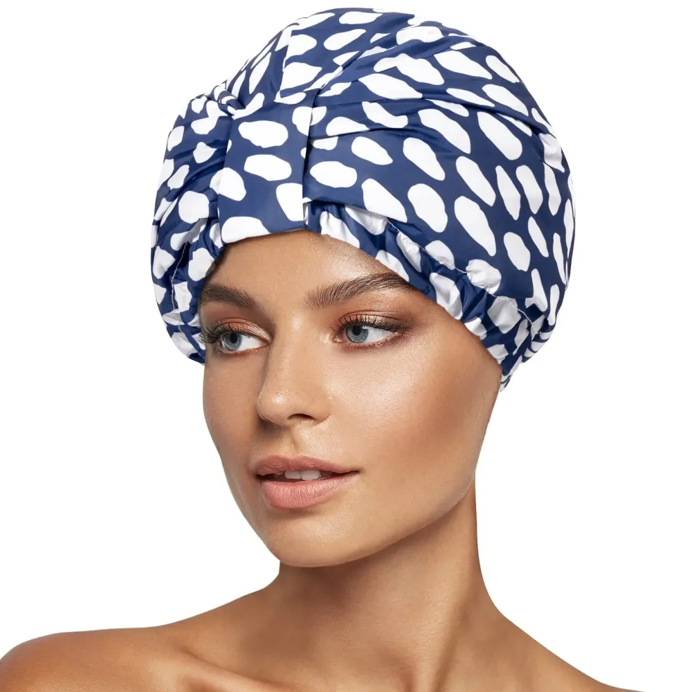 INNELO Luxury Shower Cap for Women Reusable Waterproof, Double Layered Shower Hair Cap with Adjustable Elastic Strap, Large Satin Lined Shower Bath Cap for Long Curly Straight Hair, Blue INNELO Luxury Shower Cap for Women Reusable Waterproof, Double Layered Shower Hair Cap with Adjustable Elastic Strap, Large Satin Lined Shower Bath Cap for Long Curly Straight Hair, Blue
