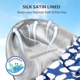 INNELO Luxury Shower Cap for Women Reusable Waterproof, Double Layered Shower Hair Cap with Adjustable Elastic Strap, Large Satin Lined Shower Bath Cap for Long Curly Straight Hair, Blue INNELO Luxury Shower Cap for Women Reusable Waterproof, Double Layered Shower Hair Cap with Adjustable Elastic Strap, Large Satin Lined Shower Bath Cap for Long Curly Straight Hair, Blue