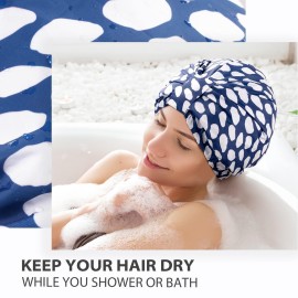INNELO Luxury Shower Cap for Women Reusable Waterproof, Double Layered Shower Hair Cap with Adjustable Elastic Strap, Large Satin Lined Shower Bath Cap for Long Curly Straight Hair, Blue INNELO Luxury Shower Cap for Women Reusable Waterproof, Double Layered Shower Hair Cap with Adjustable Elastic Strap, Large Satin Lined Shower Bath Cap for Long Curly Straight Hair, Blue