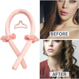 Heatless Curling Rod Headband No Heat Silk Ribbon Curling Rod Hair Roller Curls with Hair Claw Clip Lazy Natural Soft Wave DIY Hair Rollers Styling Tool for Sleep in Overnight (Pink)