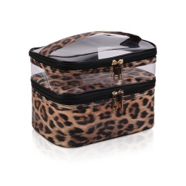 imerelez Double-layer Cosmetic Bag Makeup Bag Travel Makeup Bag Makeup Bags for Women Cosmetics Cases Portable Waterproof Foldable (Leopard)