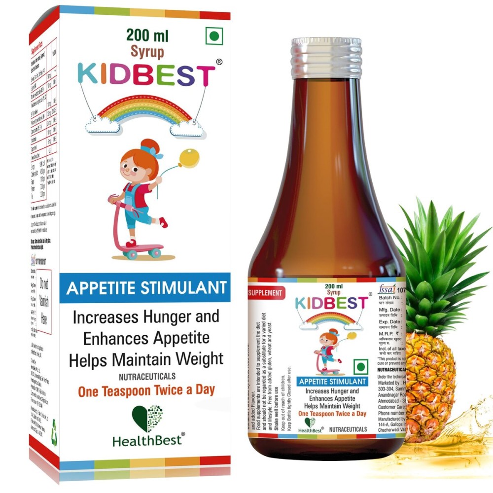 HealthBest Kidbest Appetite Stimulant Syrup for 3-13 Yrs Kids | Increase Hunger | Helps Maintain Weight | Gluten Free | L-Lysine HCI,Vitamins B1,B2,B6,B12 | 200 ml HealthBest Kidbest Appetite Stimulant Syrup for 3-13 Yrs Kids | Increase Hunger | Helps Maintain Weight | Gluten Free | L-Lysine HCI,Vitamins B1,B2,B6,B12 | 200 ml