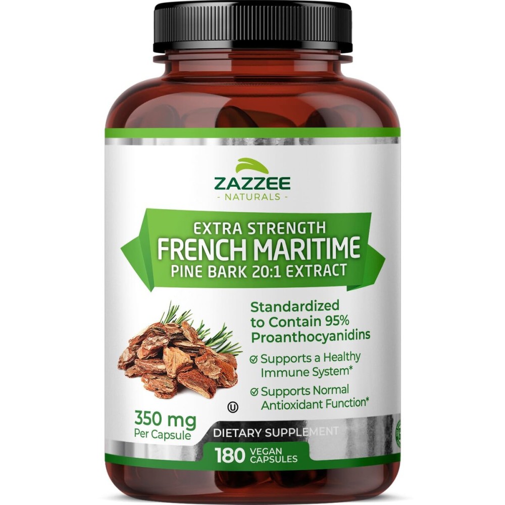 Zazzee Extra Strength French Maritime Pine Bark 20:1 Extract, 350 mg Per Capsule, 180 Vegan Capsules, 95% Proanthocyanidins, Kosher, 6 Month Supply, Standardized 20X Extract, Non-GMO, Made in The USA Zazzee Extra Strength French Maritime Pine Bark 20:1 Extract, 350 mg Per Capsule, 180 Vegan Capsules, 95% Proanthocyanidins, Kosher, 6 Month Supply, Standardized 20X Extract, Non-GMO, Made in The USA