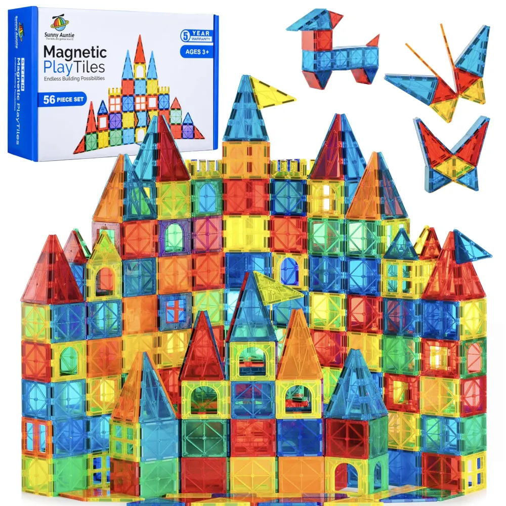 Magnetic Tiles 56 PCS, Magnetic Tiles for Kids & Toddlers Ages 3-8, Magnet Toy for 3 4 5 6 7 8 Year Old Boys Girls Kids & Toddlers, Magnet Blocks Building Set STEM Toy, Great Gift for Kids aged 3-8