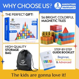 Magnetic Tiles 56 PCS, Magnetic Tiles for Kids & Toddlers Ages 3-8, Magnet Toy for 3 4 5 6 7 8 Year Old Boys Girls Kids & Toddlers, Magnet Blocks Building Set STEM Toy, Great Gift for Kids aged 3-8