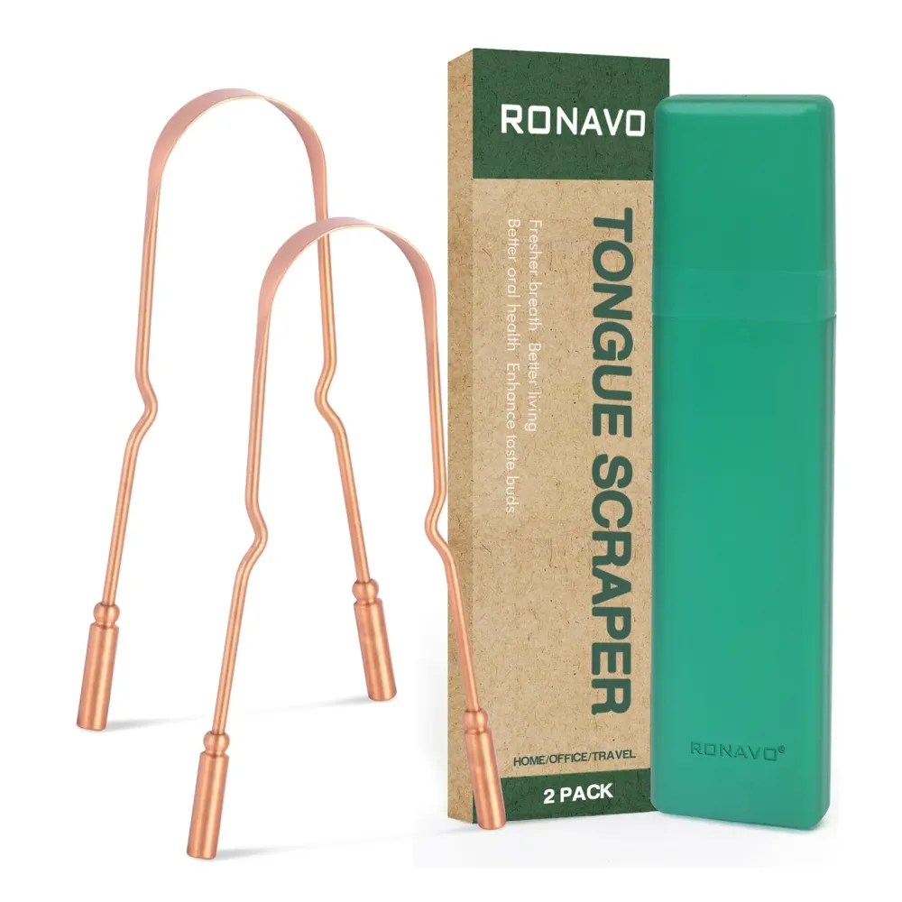 RONAVO Copper Tongue Scraper for Adults (2 Pack), 100% Pure Copper, Naturally Anti-Microbial, Banishes Bad Breath and Maintains Oral Hygiene, Tongue Cleaner with Travel Case, Easy to Use and Clean RONAVO Copper Tongue Scraper for Adults (2 Pack), 100% Pure Copper, Naturally Anti-Microbial, Banishes Bad Breath and Maintains Oral Hygiene, Tongue Cleaner with Travel Case, Easy to Use and Clean