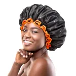 mikimini Large Shower Cap for Women Long Hair, Black, Reusable Waterproof Double Layers XL Washable Colorfast Odorless High-Quality Shower Cap for Men with Vibrant Orange Edge