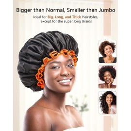 mikimini Large Shower Cap for Women Long Hair, Black, Reusable Waterproof Double Layers XL Washable Colorfast Odorless High-Quality Shower Cap for Men with Vibrant Orange Edge