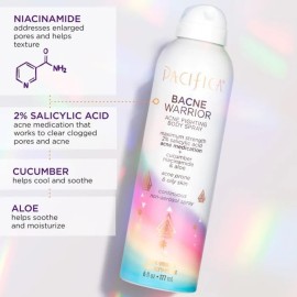 Pacifica Bacne Acne Cleanser Spray - Bacne Warrior - Body Spray for Acne Treatment - w/ 2% Salicylic Acid Niacinamide & Aloe - for Body, Chest & Back Acne for Teens & Adults Vegan Dermatologist Tested Pacifica Bacne Acne Cleanser Spray - Bacne Warrior - Body Spray for Acne Treatment - w/ 2% Salicylic Acid Niacinamide & Aloe - for Body, Chest & Back Acne for Teens & Adults Vegan Dermatologist Tested