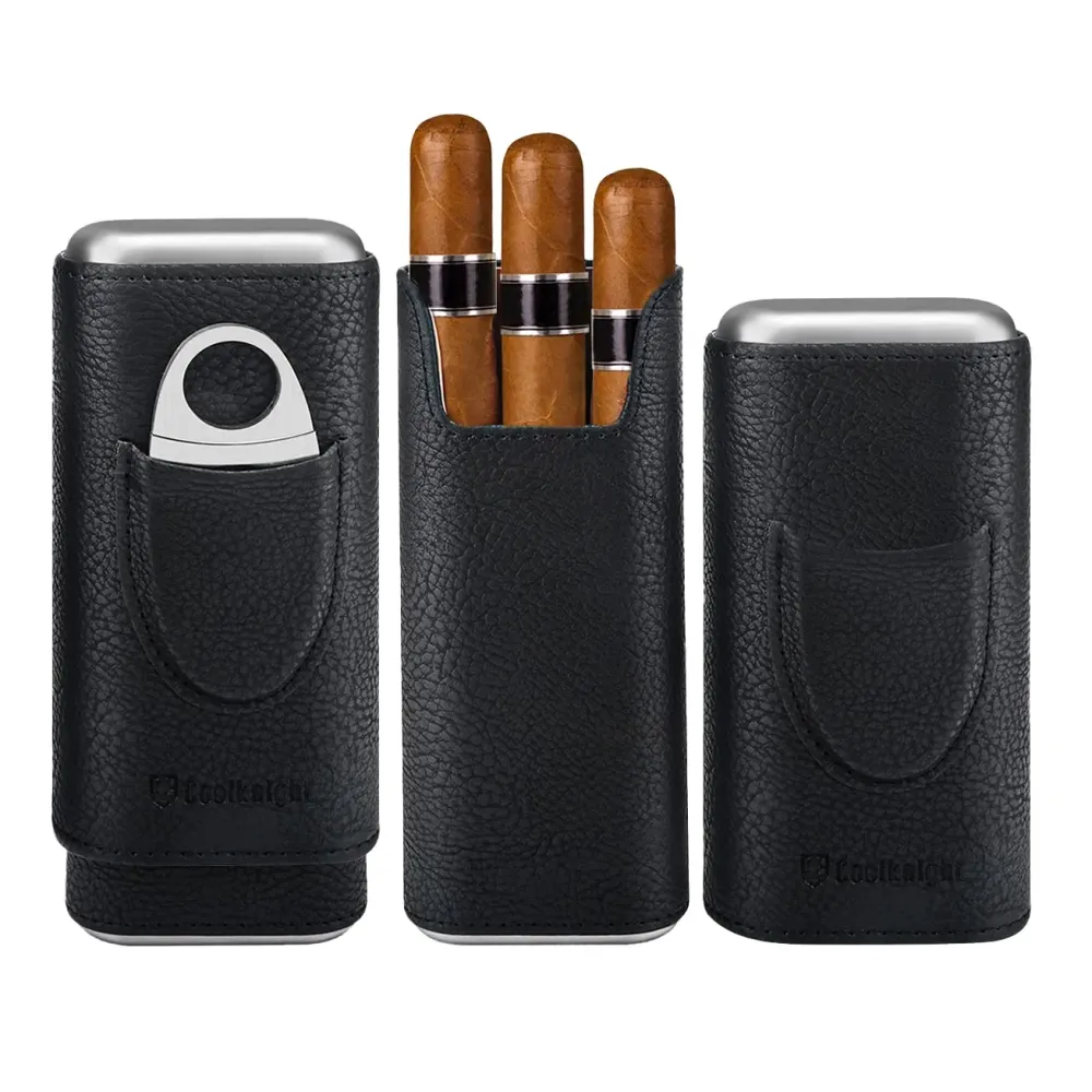 COOL KNIGHT Leather Cigar Case - Cedar Wood Lining Travel Humidors for Cigars - Cigar Accessories Include Stainless Steel Cigar Cutter - Cigar Gift Box for Cigar Lovers (Black) COOL KNIGHT Leather Cigar Case - Cedar Wood Lining Travel Humidors for Cigars - Cigar Accessories Include Stainless Steel Cigar Cutter - Cigar Gift Box for Cigar Lovers (Black)