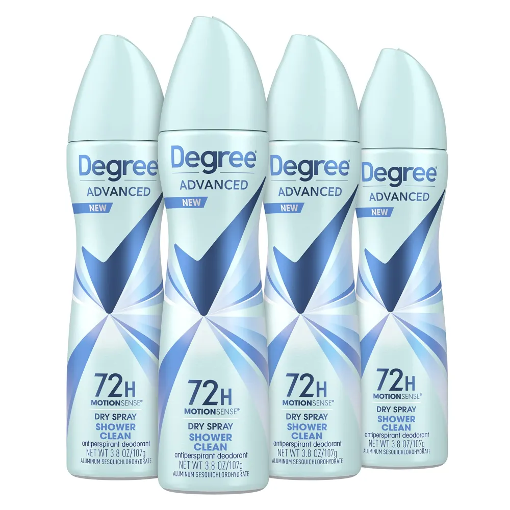 Degree Advanced Antiperspirant Deodorant Dry Spray 72-Hour Sweat and Odor Protection Shower Clean Deodorant Spray For Women With MotionSense Technology 3.8 oz, Pack of 4 Degree Advanced Antiperspirant Deodorant Dry Spray 72-Hour Sweat and Odor Protection Shower Clean Deodorant Spray For Women With MotionSense Technology 3.8 oz, Pack of 4