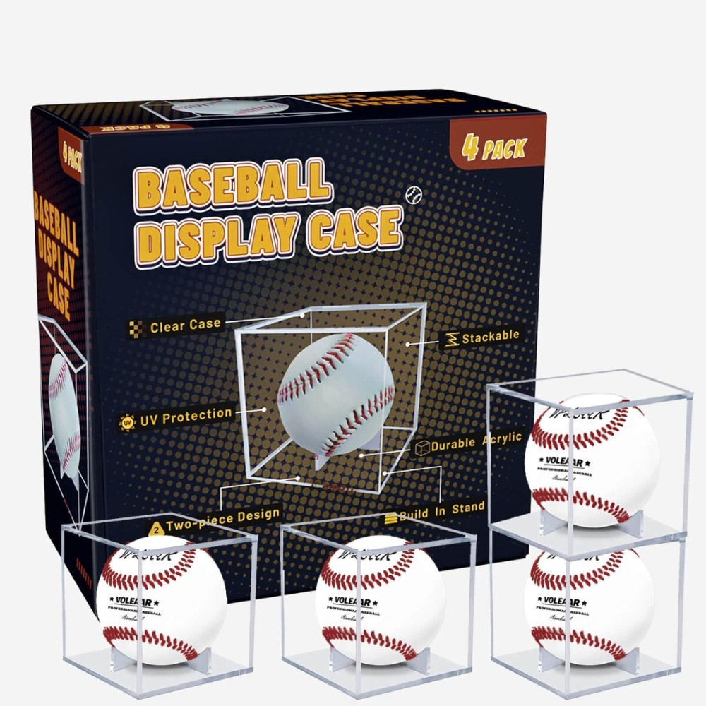 VOLEAAR 4 Pack Baseball Display Case, UV Protected Acrylic Square Baseball Holder, Clear Cube Autograph Memorabilia Ball Display Cases, Official Size Baseball Display Box