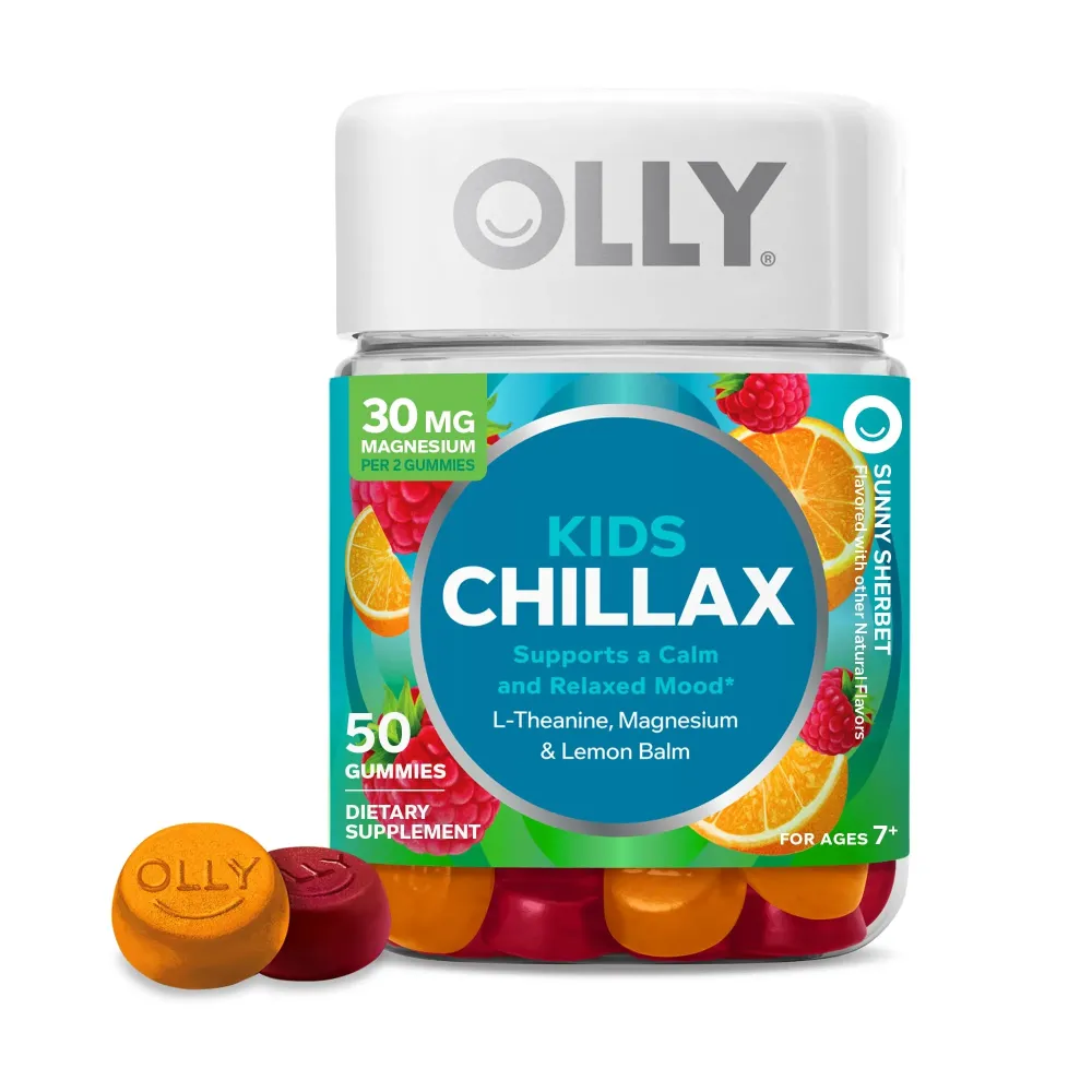 OLLY Kids Chillax Gummy, For a Calm and Relaxed Mood*, Magnesium, L-Theanine, Lemon Balm Extract, Chewable Supplement, Sherbet Flavored, 25 Day Supply - 50 Count (Packaging May Vary) OLLY Kids Chillax Gummy, For a Calm and Relaxed Mood*, Magnesium, L-Theanine, Lemon Balm Extract, Chewable Supplement, Sherbet Flavored, 25 Day Supply - 50 Count (Packaging May Vary)