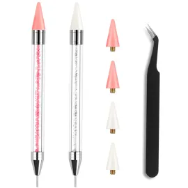 Kaychan Rhinestone Picker Tool 2 Acrylic Handle Rhinestones Applicator Dual-Ended DIY Nail Art Tool with 4 Extra Wax Tips and 1 Tweezer