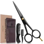 Beauty & Crafts- 5\'\' German Beard Mustache Scissors - 2 Mustache Comb for Facial Hair with Beautiful Pouch - Beard Trimming Scissors Use for Grooming, Cutting, and Styling of Mustache (Black)