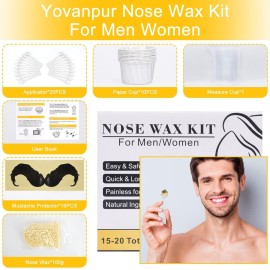 Nose Wax Kit for Men Women, Yovanpur Nose Hair Waxing Kit with 100g Nose Hair Wax Beads (15-20 USES), 20 Applicator, 15 Mustache Protector, 10 Paper Cups, 1 Measuring Cup - Easy, Quick and Painless Nose Wax Kit for Men Women, Yovanpur Nose Hair Waxing Kit with 100g Nose Hair Wax Beads (15-20 USES), 20 Applicator, 15 Mustache Protector, 10 Paper Cups, 1 Measuring Cup - Easy, Quick and Painless