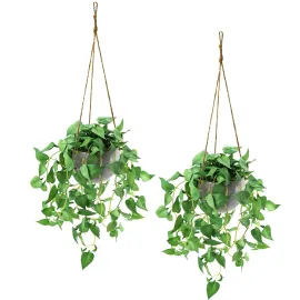 TNNTOPELE Fake Hanging Plants with Pots, 2 Pack Artificial Faux Anthurium Leaf Hanging Basket Plant for Wall Home Room Indoor Outdoor Decor