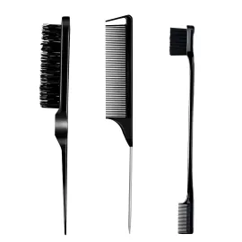 3 Pieces Comb Set for Teasing, Edge & Back Brushing - Rat Tail & Edge Combs for Styling Women\'s Hair (Black)
