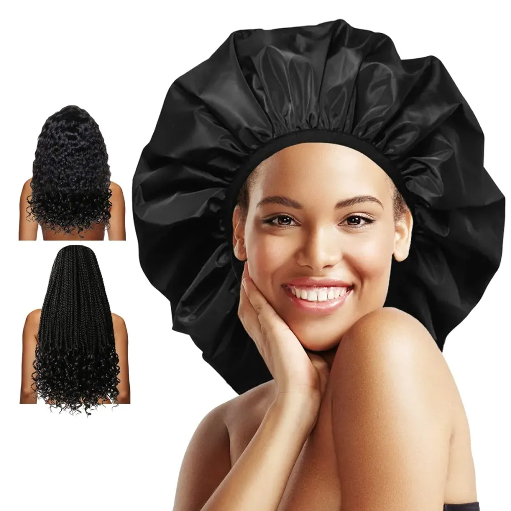 Auban Extra Large Shower Cap, Double-Layer Waterproof Reusable, XL Satin Lining Shower Bonnet for Women Thick, Long Hair, Locs, Braids(Black) Auban Extra Large Shower Cap, Double-Layer Waterproof Reusable, XL Satin Lining Shower Bonnet for Women Thick, Long Hair, Locs, Braids(Black)