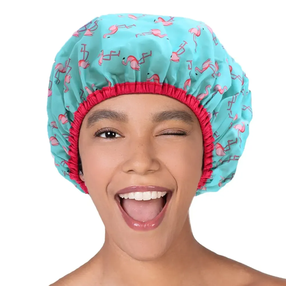Reusable Shower Cap & Bath Cap & Lined, Oversized Waterproof Shower Caps Large Designed for all Hair Lengths with PEVA Lining & Elastic Band Stretch Hem Hair Hat - Fashionista Flamingo Party Reusable Shower Cap & Bath Cap & Lined, Oversized Waterproof Shower Caps Large Designed for all Hair Lengths with PEVA Lining & Elastic Band Stretch Hem Hair Hat - Fashionista Flamingo Party
