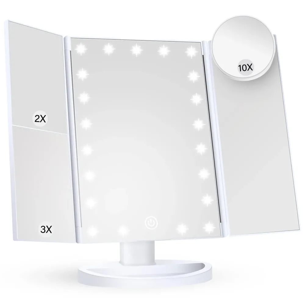 HUONUL Makeup Mirror Vanity Mirror with Lights, 2X, 3X, 10X Magnification, Touch Control, Trifold, White, 9.4L x 13.4W, Modern Style, Dresser Mount, Bathroom