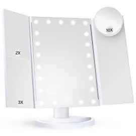HUONUL Makeup Mirror Vanity Mirror with Lights, 2X, 3X, 10X Magnification, Touch Control, Trifold, White, 9.4L x 13.4W, Modern Style, Dresser Mount, Bathroom