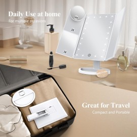 HUONUL Makeup Mirror Vanity Mirror with Lights, 2X, 3X, 10X Magnification, Touch Control, Trifold, White, 9.4L x 13.4W, Modern Style, Dresser Mount, Bathroom