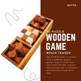 NUTTA - 3 in 1 Set Wooden Games Brain Teaser Wood Toy Desk Puzzle Coffee Table Decor Broad Game 3D Puzzles for Teens and Adults Fun Games Indoor Outdoor Camping Decorate Party Gift Christmas