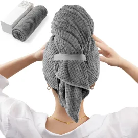 YFONG Large Microfiber Hair Towel Wrap for Women, Soft Hair Drying Towel with Elastic Band, Fast Drying Hair Turbans for Wet Curly Long Hair, Stocking Stuffers for Women 2024 (Gray)