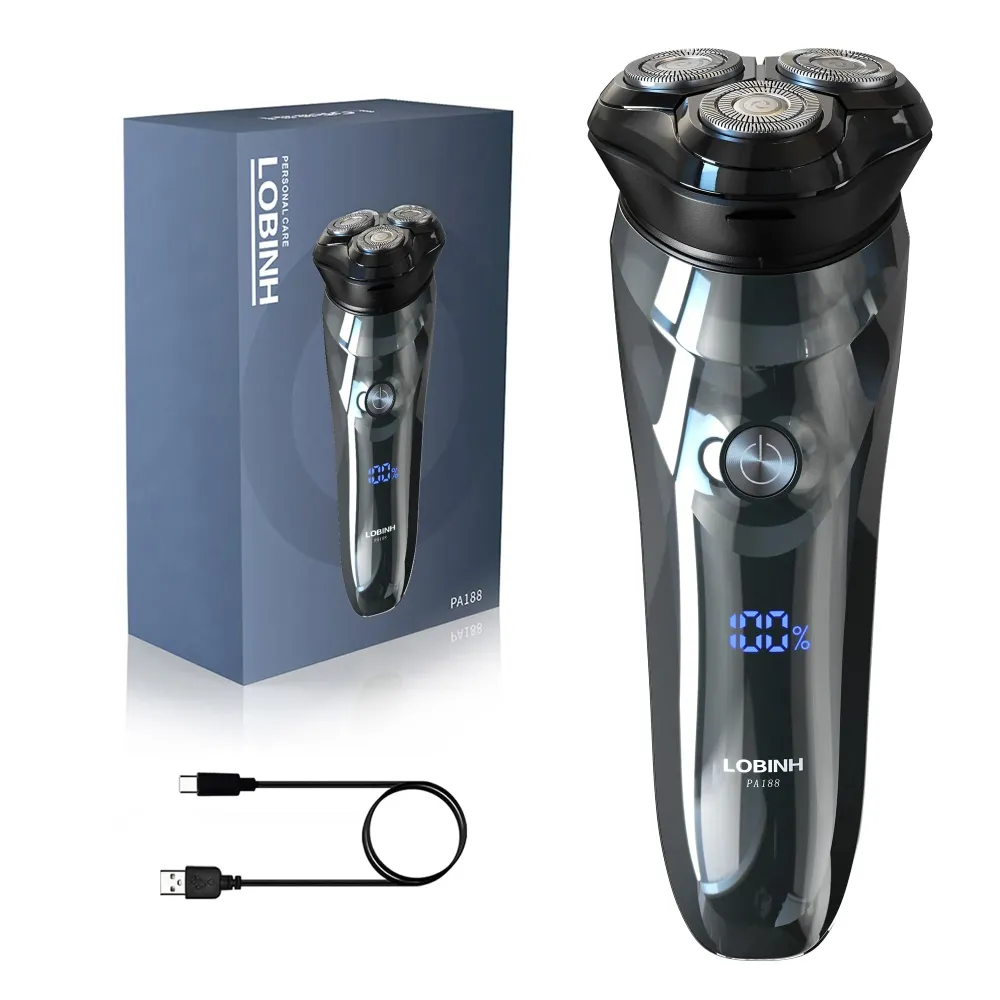 LOBINH Electric Shaver for Men, 100% Washable Rechargeable Waterproof Electric Razor Wet & Dry Shaving with Pop-up Trimmer, 1 Hour Fast Charging, 4D Floating Head, LCD Power Indicator