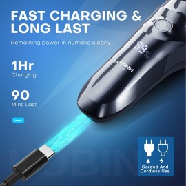 LOBINH Electric Shaver for Men, 100% Washable Rechargeable Waterproof Electric Razor Wet & Dry Shaving with Pop-up Trimmer, 1 Hour Fast Charging, 4D Floating Head, LCD Power Indicator