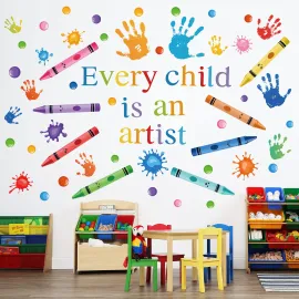 Every Child is an Artist Wall Decals Watercolor Crayon Paint Splatter Wall Decal Handprint Polka Dots Splash Wall Stickers Colorful Peel and Stick for Classroom School Nursery Playroom Daycare Decor