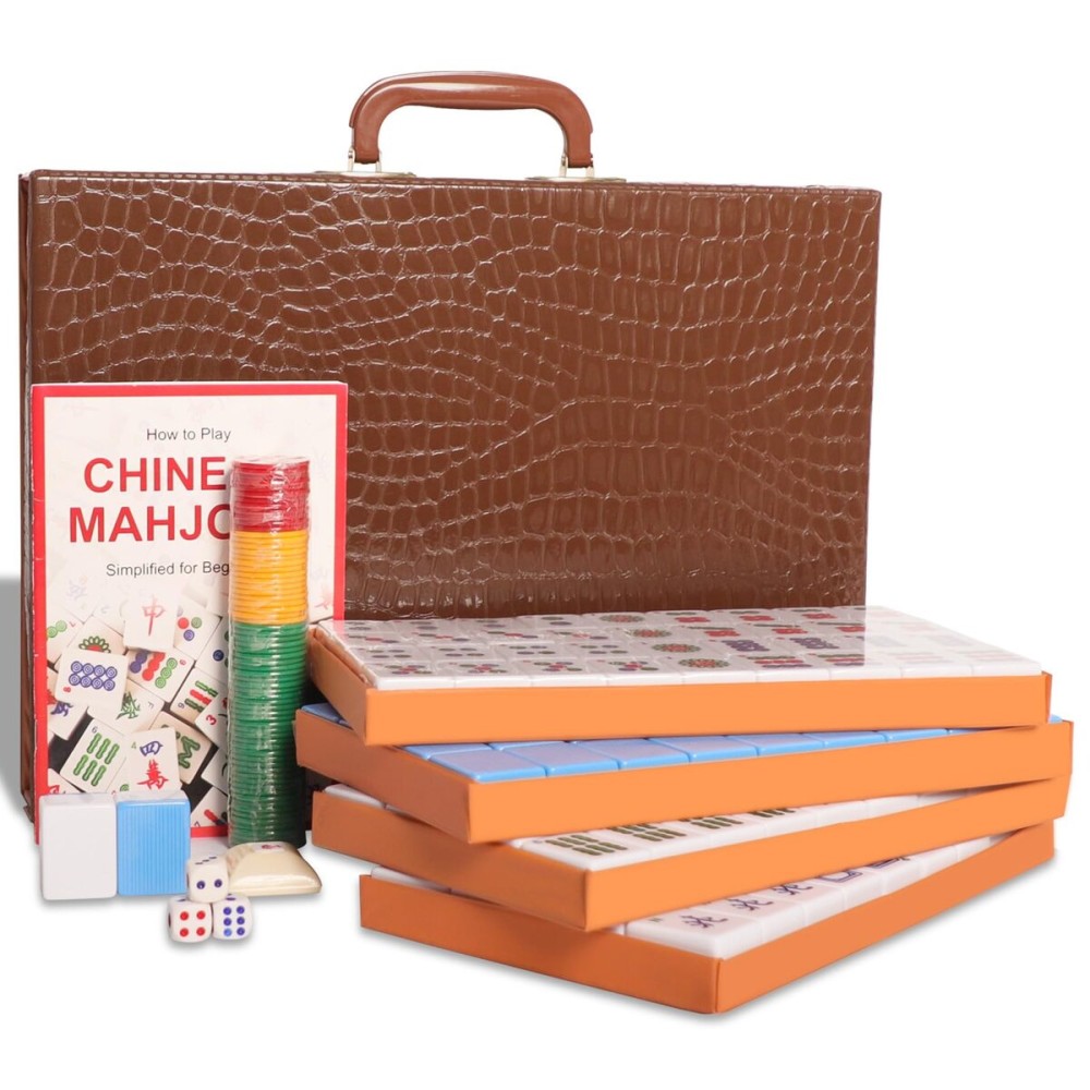 GUSTARIA Chinese Mahjong Set, Mahjong Game Set with 146 Numbered Large Tiles (1.5, Blue), Mahjong Tiles Set with Brown Carrying Case GUSTARIA Chinese Mahjong Set, Mahjong Game Set with 146 Numbered Large Tiles (1.5, Blue), Mahjong Tiles Set with Brown Carrying Case