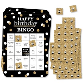 Big Dot of Happiness Adult Happy Birthday - Gold - Find The Guest Bingo Cards and Markers - Birthday Party Bingo Game - Set of 18