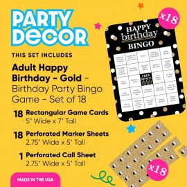 Big Dot of Happiness Adult Happy Birthday - Gold - Find The Guest Bingo Cards and Markers - Birthday Party Bingo Game - Set of 18