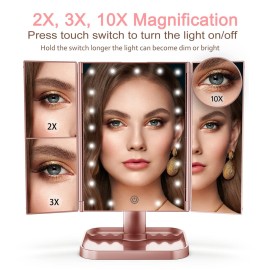 HUONUL Makeup Mirror, 10x3x2X Magnification, Lighted, Touch Control, Trifold, Dual Power Supply, Portable LED, Women Gift HUONUL Makeup Mirror, 10x3x2X Magnification, Lighted, Touch Control, Trifold, Dual Power Supply, Portable LED, Women Gift