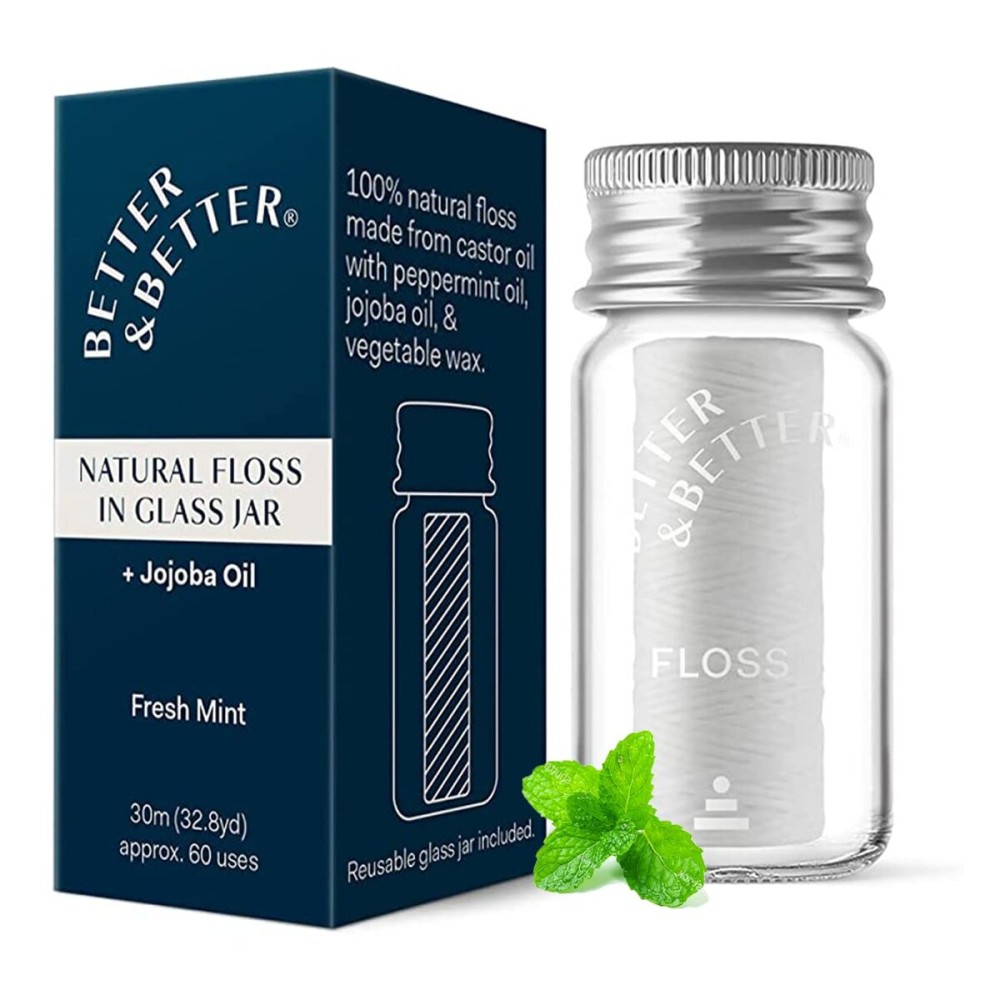Better & Better Natural Floss in Refillable Glass Jar | Waxed & Zero Plastic Oral Care - 100% Plant-Based, Vegan, Eco and Non Toxic Dental Floss, 1 Spool Better & Better Natural Floss in Refillable Glass Jar | Waxed & Zero Plastic Oral Care - 100% Plant-Based, Vegan, Eco and Non Toxic Dental Floss, 1 Spool