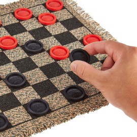 3-in-1 Mini Checkers Rug + Classic & Mega Tic Tac Toe - Portable Compact 12 x 12 Reversible Checkerboard Rug - Travel, Parties, Games on The Go, Family Board Game Night