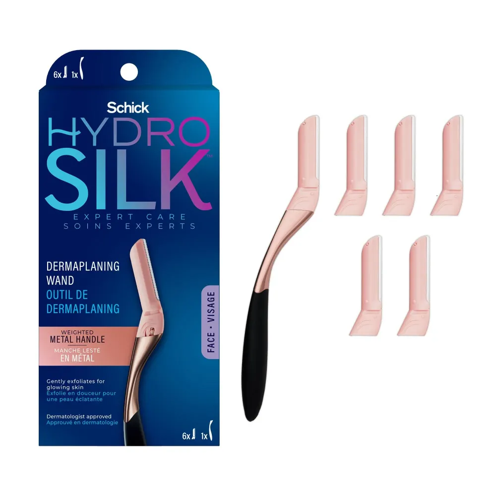 Schick Hydro Silk Dermaplaning Wand, Dermaplaning Tool for Face | Dermaplane Razor for Women Face, Eyebrow Razor, Peach Fuzz Remover, Includes 1 Weighted Metal Handle with 6 Refill Blades Schick Hydro Silk Dermaplaning Wand, Dermaplaning Tool for Face | Dermaplane Razor for Women Face, Eyebrow Razor, Peach Fuzz Remover, Includes 1 Weighted Metal Handle with 6 Refill Blades